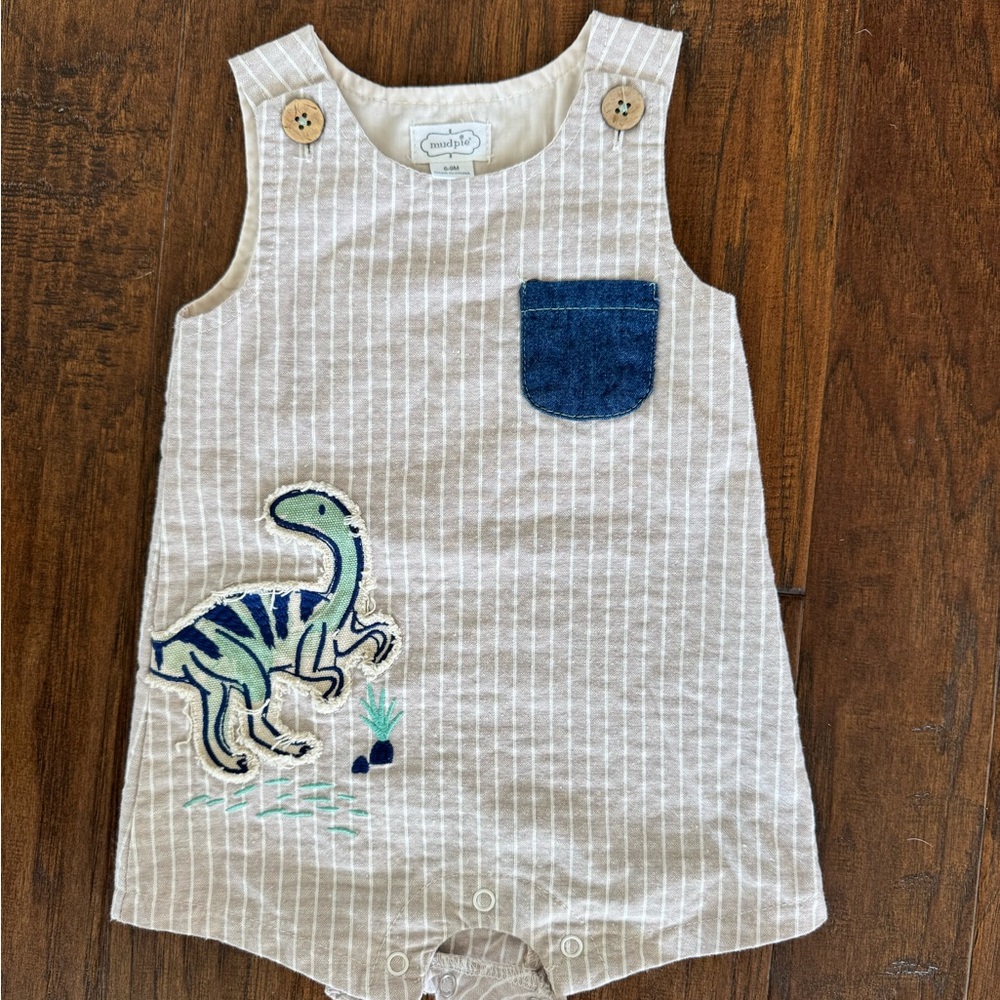 Mud Pie Striped Baby Romper with Dinosaur Patch